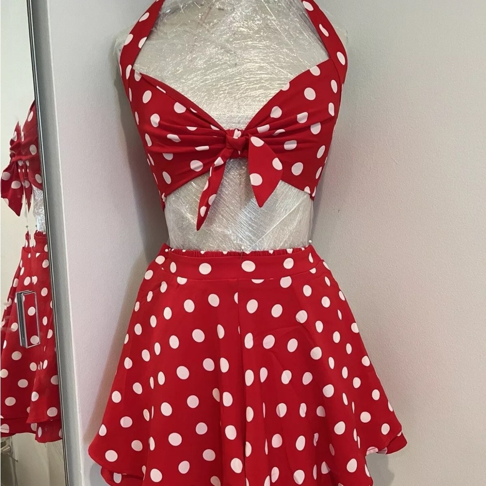 Red White Polka Dot 2 piece skort and halter set M